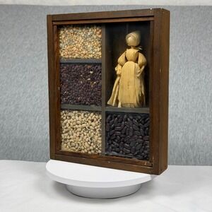 Vintage Wooden Shadow Box Folk Art Corn Husk Doll Dried Bean Legume Wall Decor